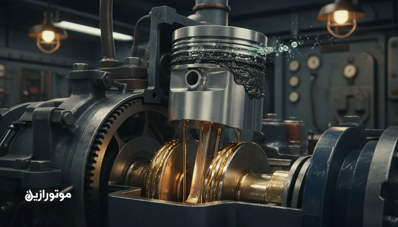 تصویر موتور دریایی Trunk Piston چهارزمانه با نمایش جریان روغن، اثر سولفور سوخت و نقش TBN در کنترل سایش و رسوب