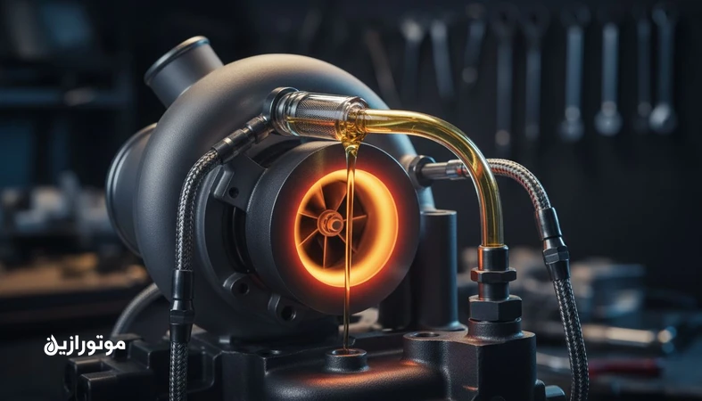 تصویر توربوشارژر و جریان روغن موتور با تمرکز بر کنترل دما، جلوگیری از رسوب و محافظت از توربو در موتورهای توربوشارژ