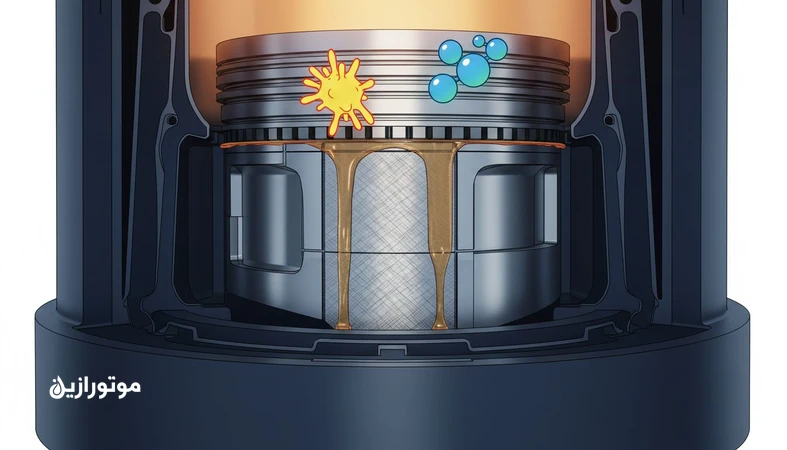 برش مقطعی سیلندر موتور دو زمانه با نمایش فیلم روغن، رینگ‌ها و ناحیه پولیشینگ برای توضیح تطبیق BN روغن سیلندر با سوخت