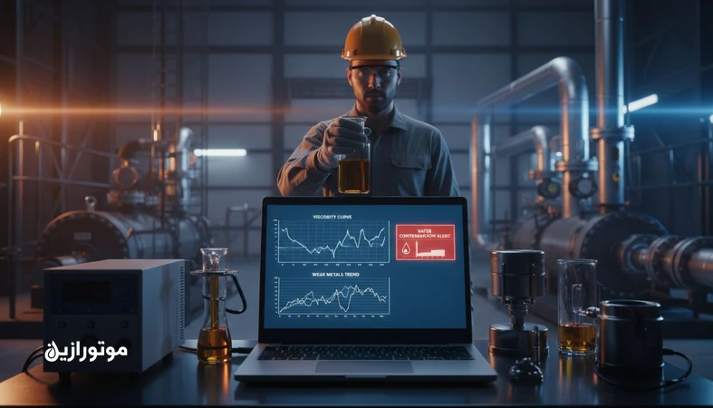 تصویر نمونهبرداری و آنالیز روغن UOA در واحد نفت و گاز با نمودارهای ویسکوزیته، فلزات سایشی، آب و شاخصهای تصمیم تعمیراتی