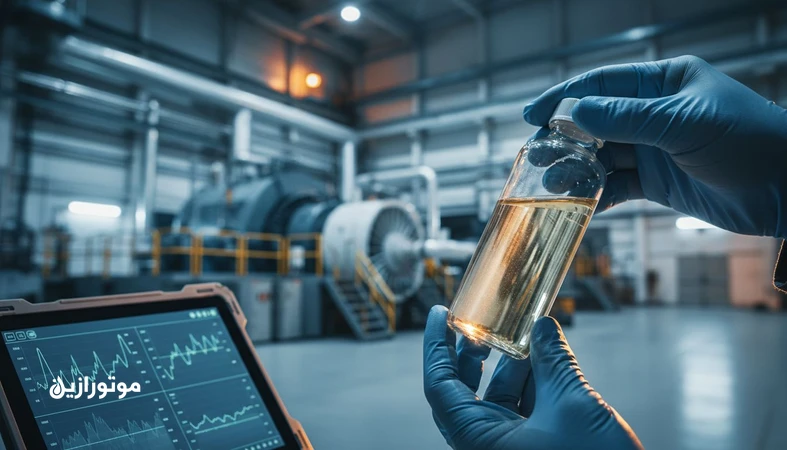 نمونه‌برداری و آنالیز روغن (UOA) در نیروگاه برای پایش وضعیت؛ بطری نمونه روغن در مرکز قاب با پس‌زمینه سالن توربین