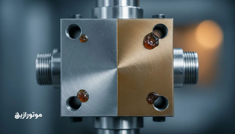 وارنیش در سیستم هیدرولیک خودروسازی روی بلوک شیر هیدرولیک؛ نمایش لایه لاکی و رسوب چسبنده و موضوع پاک سازی وارنیش