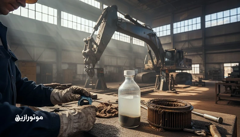 نمونه‌برداری روغن هیدرولیک شیری‌رنگ و رسوب گل در کارگاه معدنی؛ نمایش آلودگی آب و گل در سیستم هیدرولیک