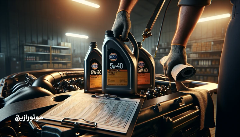 تصویر موتور خودرو در تعمیرگاه با دو بطری روغن با گریدهای متفاوت برای نشان‌دادن تصمیم‌گیری درباره تغییر گرید روغن موتور