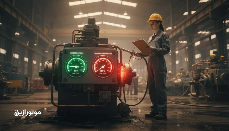 تصویر صنعتی از مهندس PM در کارخانه که تضاد KPIهای ظاهرا خوب با افزایش دمای بیرینگ و ریسک خرابی روانکاری را نشان می دهد
