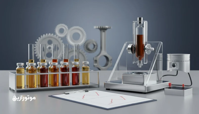 نمایی از آزمون و استانداردهای ASTM و ISO برای روانکارها با شیشه های نمونه روغن، ویسکومتر و قطعات موتور و چرخ دنده صنعتی