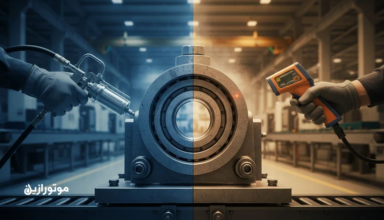 یاتاقان صنعتی با نمایش تغییرات دما بین شیفت روز و شب و ابزار گریس کاری؛ تصویر مرتبط با شکست گریس در دمای متغیر